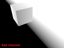 The red channel or X axis of the ground and uv mapped cube object with the Visualise tex coords node enabled.