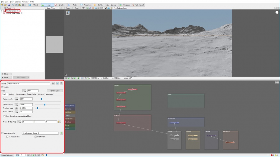 The 'Fractal terrain 01' node selected