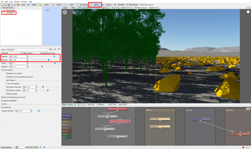 Adjust the sun’s heading and elevation to change the direction of the shadows.