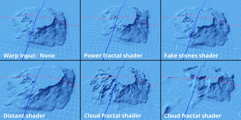 Various shaders assigned as the Warper to illustrate the many ways in which the texture coordinates can be manipulated.  Note that the red and dark blue axis lines are not affected by the warp as they are located downstream from the Warp input node.