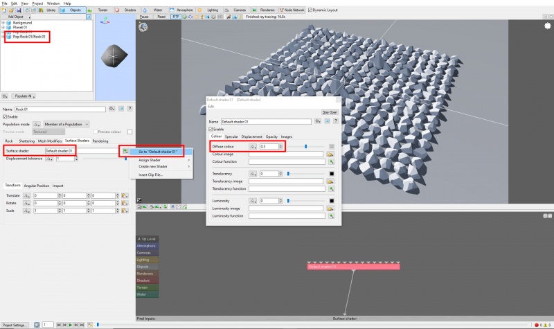 The rock object's surface shader.  The Diffuse colour is set to 0.5.