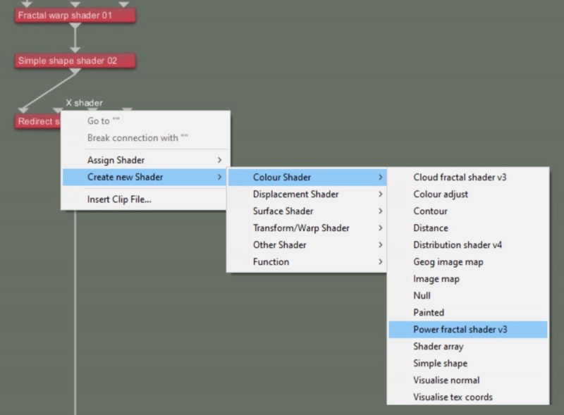 Step 05 - Add and assign a Power fractal shader to the Redirect shader’s X shader input.