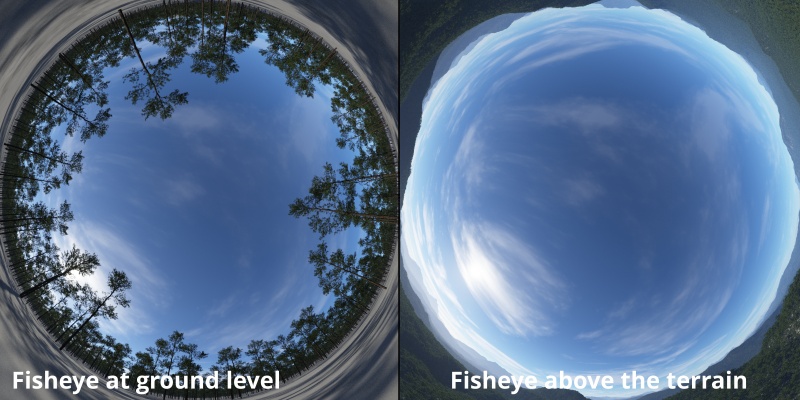 Fisheye at ground level and above the terrain
