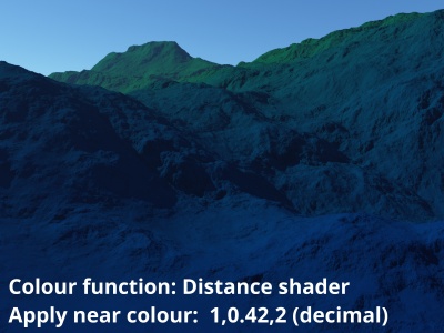 In this example, a Distance shader provides a gradient between white (1.0) at its Apply far colour value and pink (sRGB decimal equivalent of 1,0.42,2.0) at its Apply near colour value.  When multiplied with the Apply colour’s green values the result is a green to blue gradient.