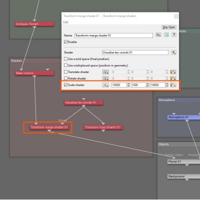 The Transform Merge node can be used to scale the Visualise tex coords scale, which defaults to 1 metre x 1 metre.