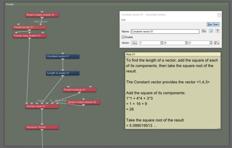 Node Network view using the output from the Length to scalar to displace the surface terrain.