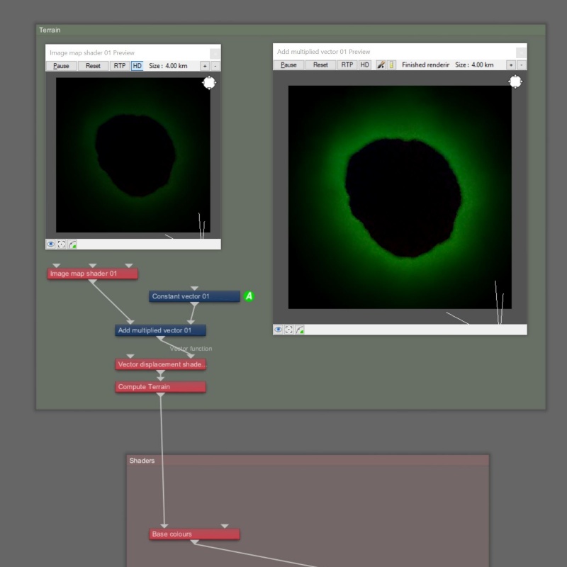 The Add multiplied vector node can be used to increase the steepness of a terrain feature.