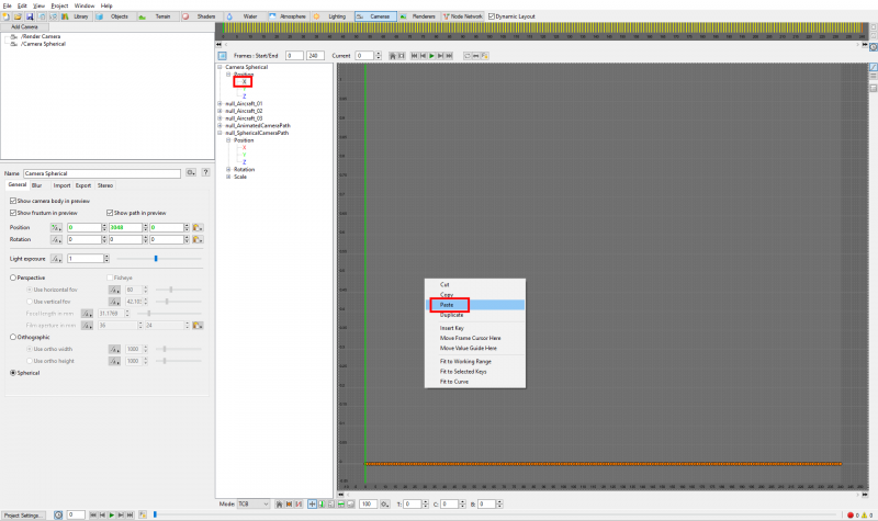 Select all the spherical camera keyframes, then paste the data from the clipboard.