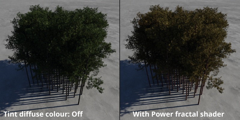 A Power fractal shader assigned to the Diffuse tint colour setting of a population.