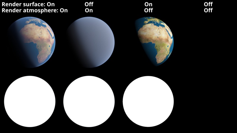 Render surface and atmosphere options on and off, with alpha channels.