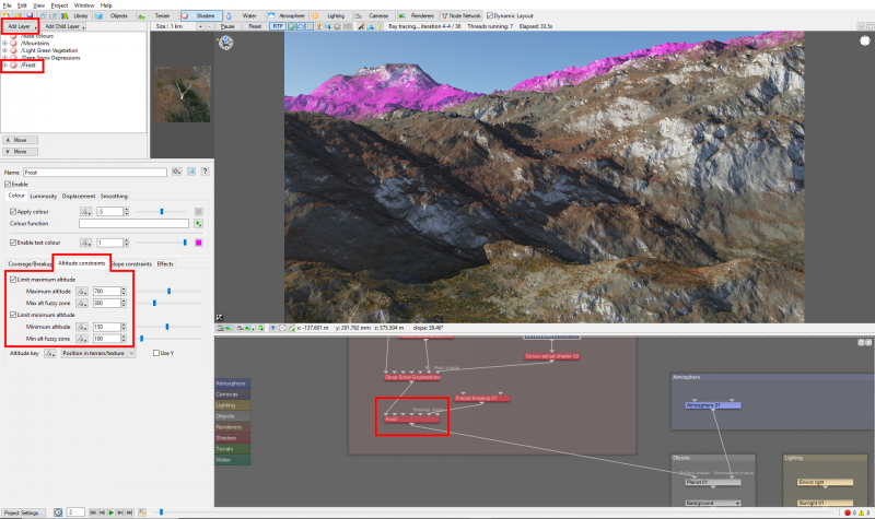 Adding a lighter frost layer and limiting it via the Altitude constraints.