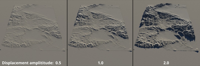 The Displacement amplitude value raises or lowers the image’s pixel values thereby raising or lowering the height of the terrain.