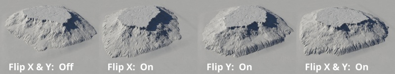 The heightfield is flipped when the Flip X and Y checkboxes are enabled.