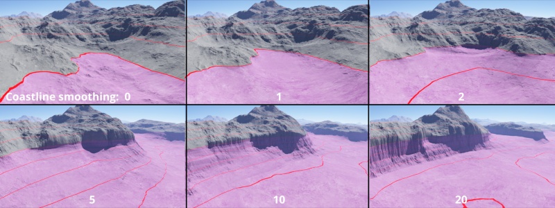 Coastline altitude = -100.  Coastline smoothing from 0 - 40.