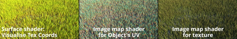 A Visualise Tex Coordinates shader and Image Map shaders assigned to surface shader setting.