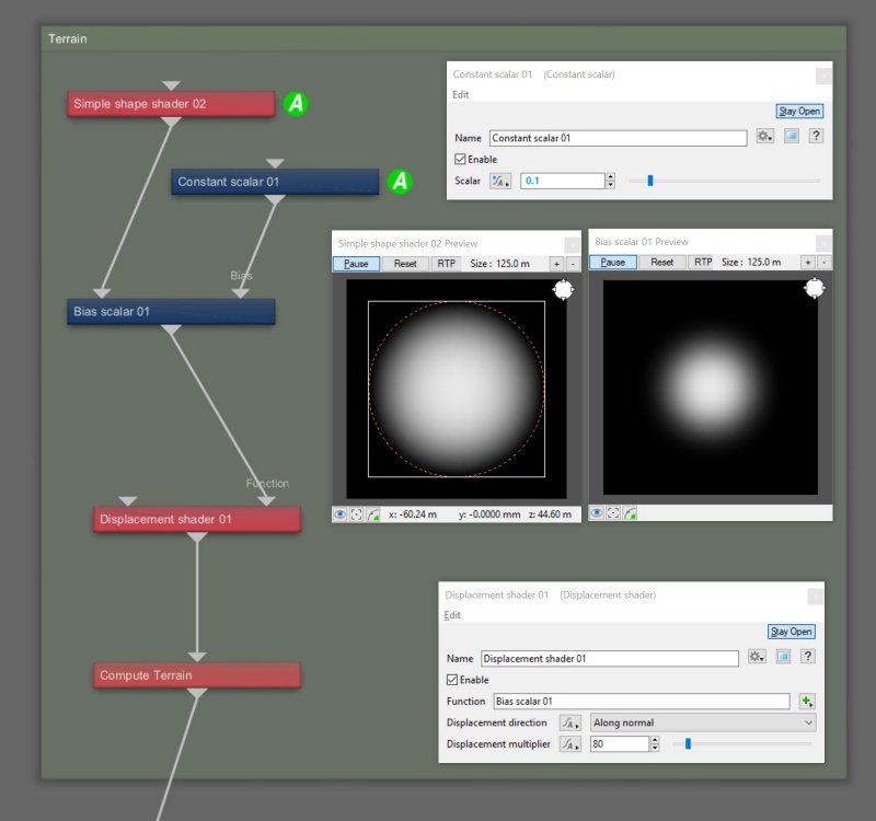 Node Network view showing Bias scalar modifying the output of the Simple shape shader before it gets displaced on the surface of the terrain.