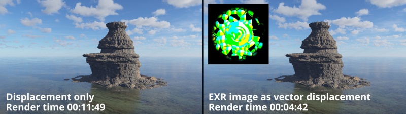 A comparison of render times between a regularly displaced terrain, and a terrain displaced with the Vector Displacement Shader.