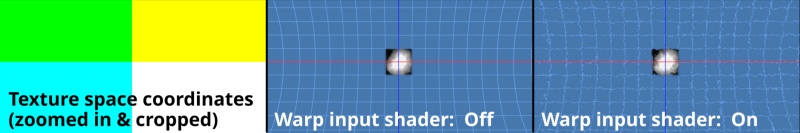 A closer view of the texture coordinates being warped by a Power fractal shader assigned to the Warp input shader.   Note that the red and dark blue axis lines are not affected by the warp as they are located downstream from the Warp input node.