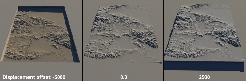 The Displacement offset value raises or lowers the entire area covered by the GEOG image map shader.