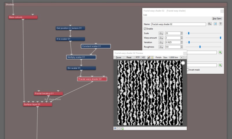 A Fractal warp shader node is used to create more interesting and organic shapes from the straight rows.