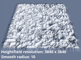 Heightfield resolution 3840 x 3840.  Smooth radius = 100