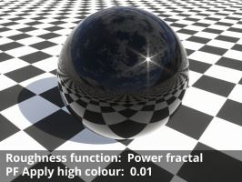 Power fractal shader assigned to Roughness function.  Apply high colour = 0.01