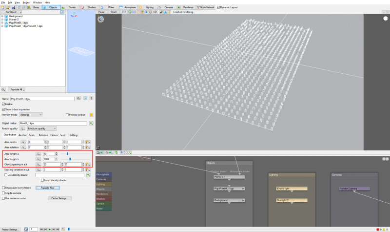 When the Spacing variation is set to zero, the instanced objects are neatly positioned in a grid-like pattern.