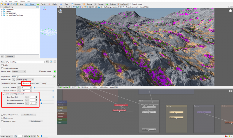 The Lean effect settings allow the individual plants to lean in the direction of the terrain surface.