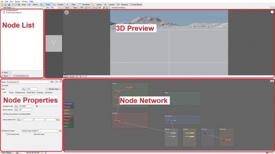 The 4 main panes in a Terragen layout