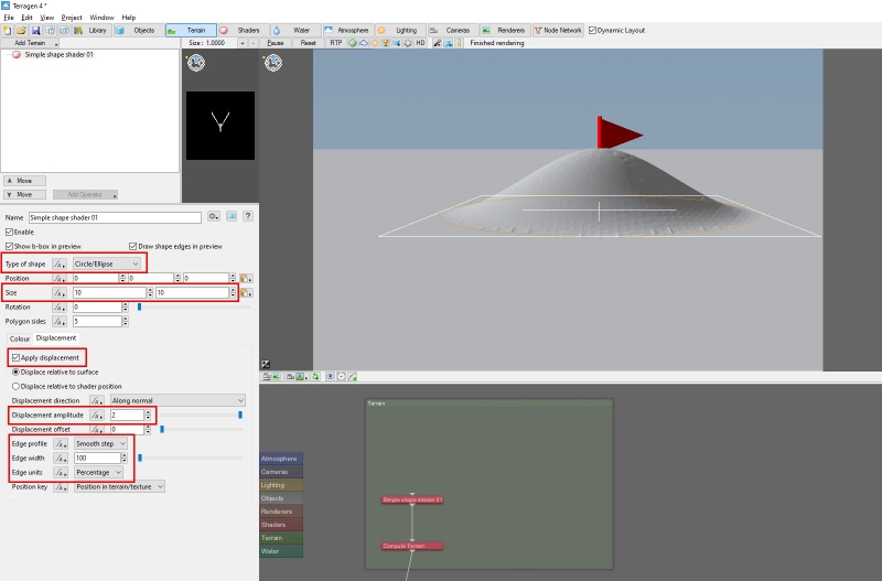 Use a Simple shape shader to displace a small mound near the origin of the scene.