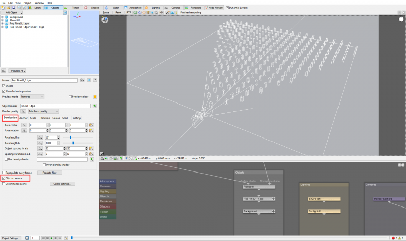 By enabling the Clip to camera checkbox the instanced objects will only appear in the camera's field of view.