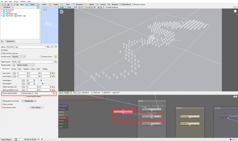 Populating the terrain using the Painted shader as a mask.