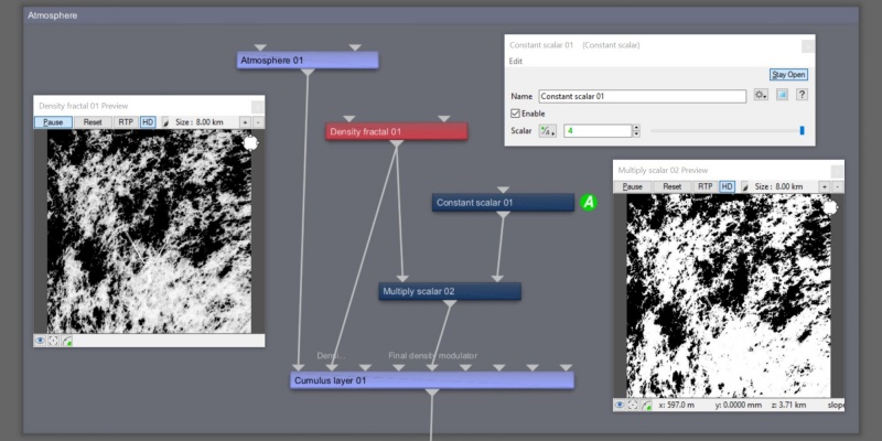 In this example, changing the value of Input 2 to 4.0 results in the cloud layer being four times as dense as the values assigned to the Main input.