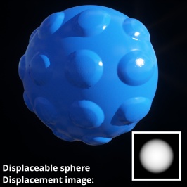 Displaceable 3D sphere object with image assigned to Displacement image setting.