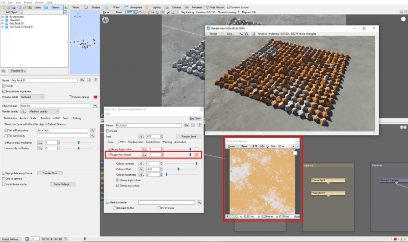 Tint settings applied to rock population.  Rock has been surfaced with a power fractal shader.