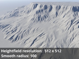 Heightfield resolution 512 x 512, Smooth radius = 100.