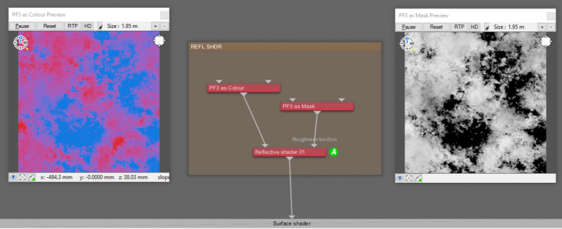 Reflective shader applied after Power fractal in the workflow and using a Power fractal as a mask to define the reflective areas of the surface.