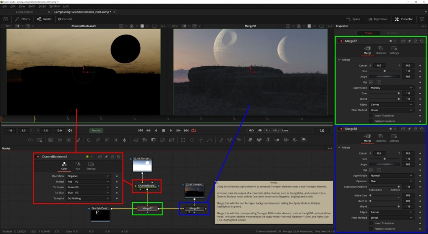 Compositing the Terragen rendered elements on top of a non-Terragen element using the chromatic alpha channels.