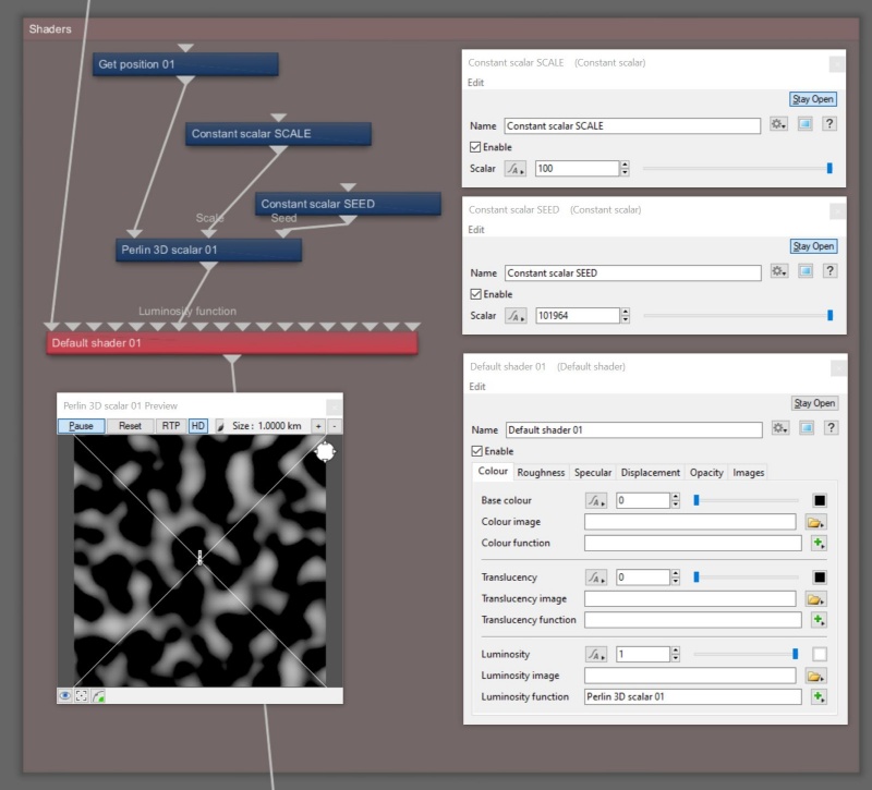 Node Network view of Perlin 3D Scalar with required node for position in texture space, and optional nodes to drive scale and seed values.