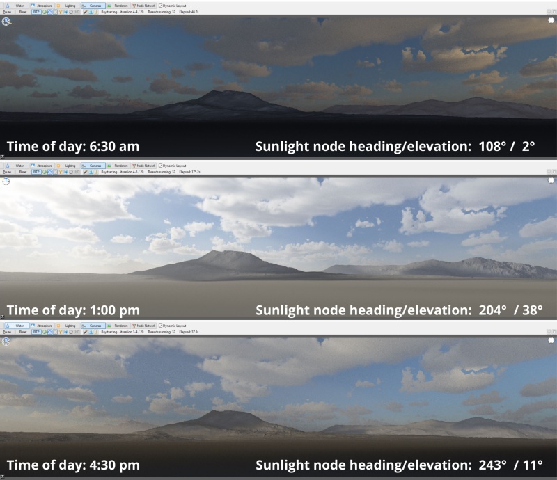 The Sunlight 01 node's heading and elevation changed by the script.