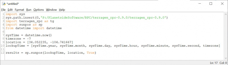 Define a variable for the results from the sunpos module.